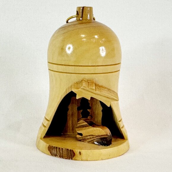 Nativity Christmas Ornament Olive Wood Bell Holy Family Wooden Manger Scene - Picture 2 of 6
